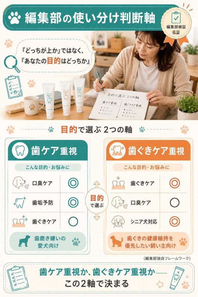 編集部独自フレームワークによる歯ケア重視と歯ぐきケア重視の使い分け判断軸