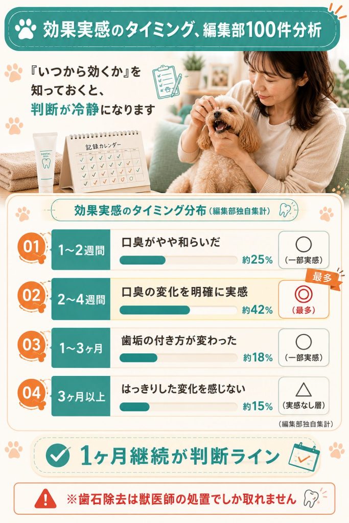 編集部100件分析による効果実感タイミング分布、2〜4週間が最多42%という独自データ