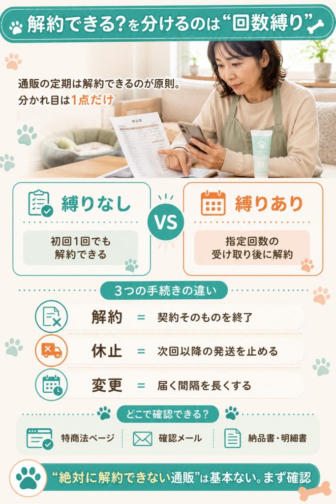 解約可否は回数縛りの有無で決まり解約・休止・変更の違いを整理した図解