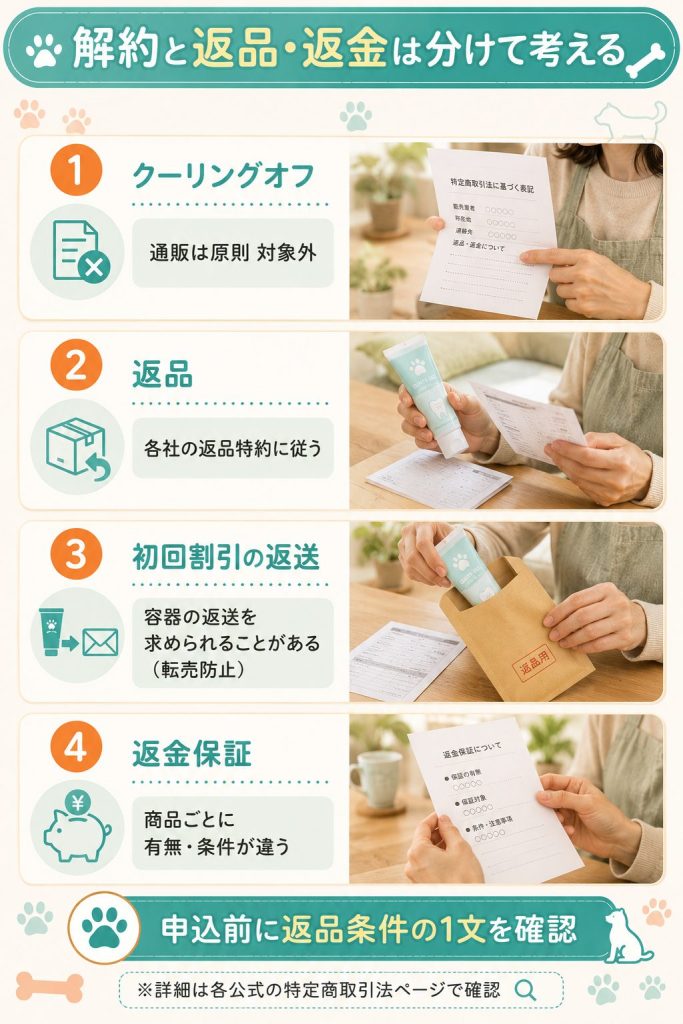 通販はクーリングオフ原則対象外で返品・返金・返送は別に確認する点を整理した図