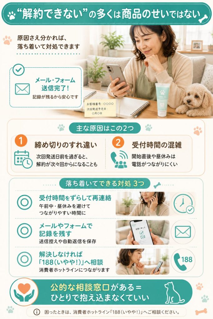解約できない主な原因と受付時間をずらすなどの対処3点を示した安心の図解