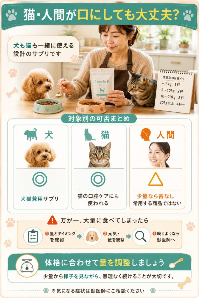 ラブリービーが犬猫兼用で人間が少量口にしても害がないこと、大量誤飲時の対応を示した図解