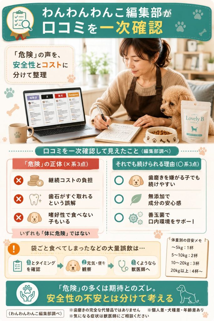 わんわんわんこ編集部がラブリービーの口コミを一次確認し、「危険」と言われる理由を整理した図解