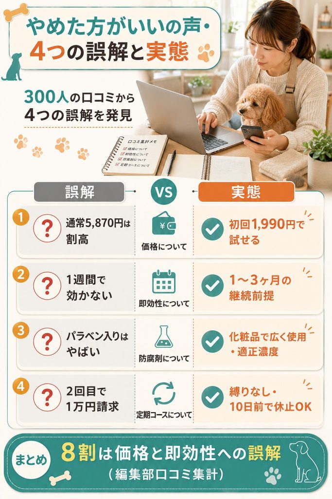 ハグキスマイルがやめた方がいいと検索される4つの理由を誤解と実態で対比した図