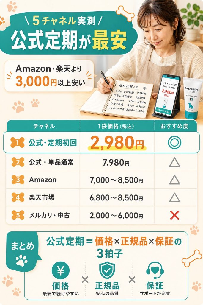 公式定期2,980円・Amazon7,000円〜・楽天6,800円〜の5チャネル価格比較表
