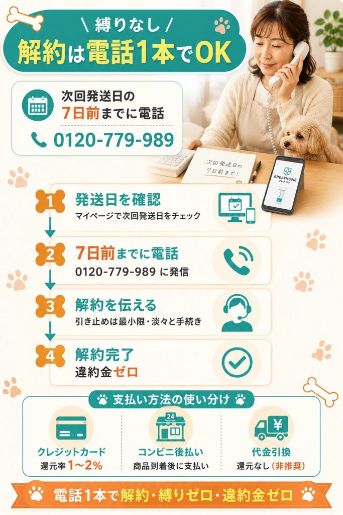 ブレスワン定期コースは縛りなし。次回発送日の7日前までに電話1本で解約完了
