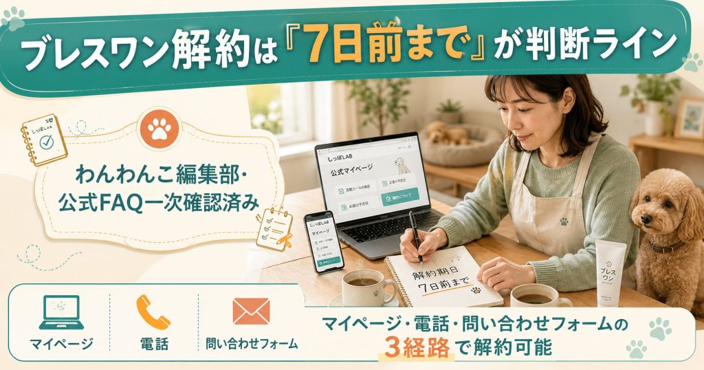 ブレスワン解約の判断ラインは「次回発送予定日の7日前まで」とマイページ・電話・問い合わせフォームの3経路で完了することを示すアイキャッチ