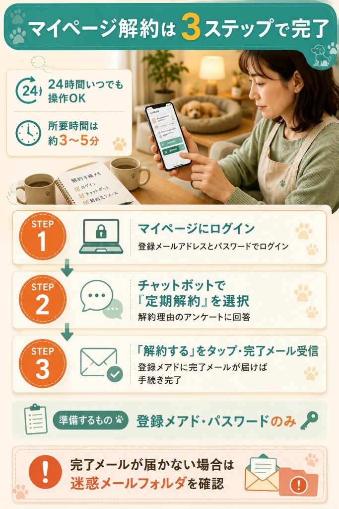 ブレスワンマイページ解約の3ステップ(ログイン・チャットボット選択・完了メール受信)を示す手順図解