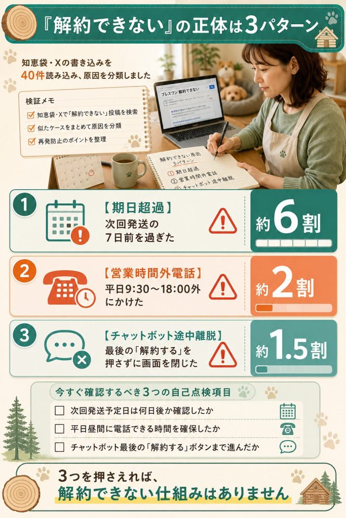 ブレスワンの「解約できない」と言われる理由が3パターン(期日超過・営業時間外電話・チャットボット途中離脱)に分類されることを示す図解