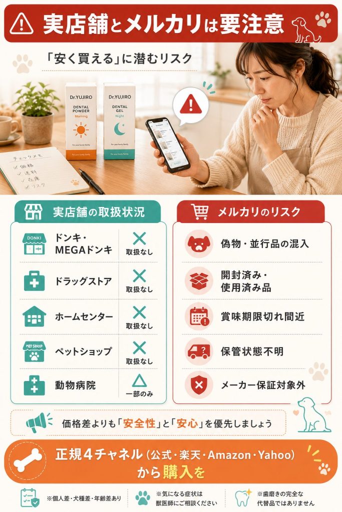 実店舗とメルカリの取扱リスク。Dr.YUJIROは市販で買えず、メルカリは偽物リスクがあり要注意