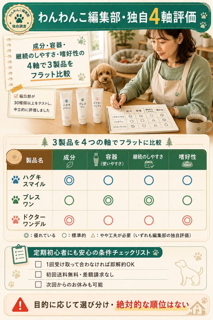 わんわんこ編集部の独自4軸評価(成分・容器・継続のしやすさ・嗜好性)で3製品をフラットに比較した独自データ図解