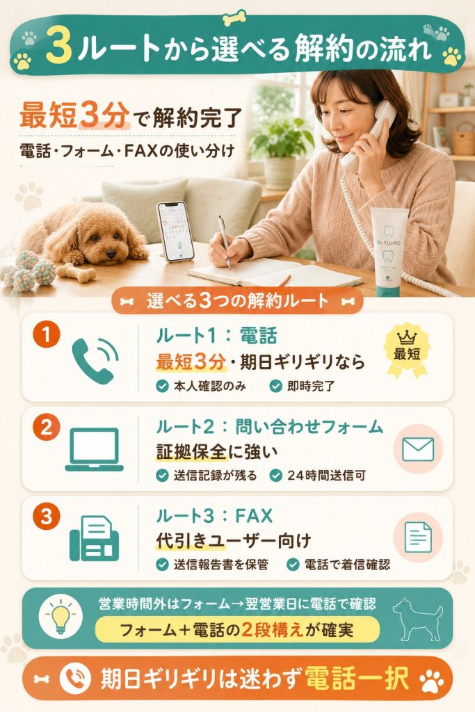 Dr.YUJIROの定期解約3ルート(電話・問い合わせフォーム・FAX)を比較した手順図解