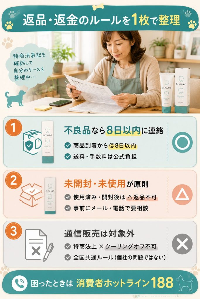 Dr.YUJIROの返品・返金・クーリングオフの3条件を◎○△×で整理した図解