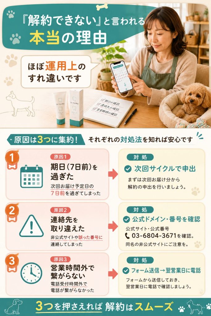 Dr.YUJIROで「解約できない」と言われる3つの原因と対処を整理した図解