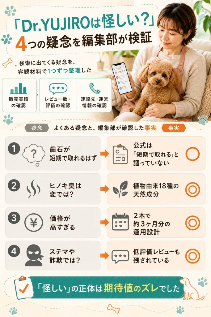 Dr.YUJIROが怪しいと言われる4つの疑念と、編集部が確認した客観事実の対比図解