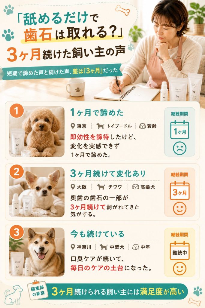 Dr.YUJIROで歯石が取れた・取れなかった飼い主の体験談3ケース。3ヶ月継続が判断ラインを示す図解