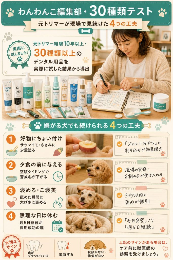 わんわんこ編集部が30種類以上のデンタルケア用品をテストして導出した、嫌がる犬でも続けられる4つの工夫